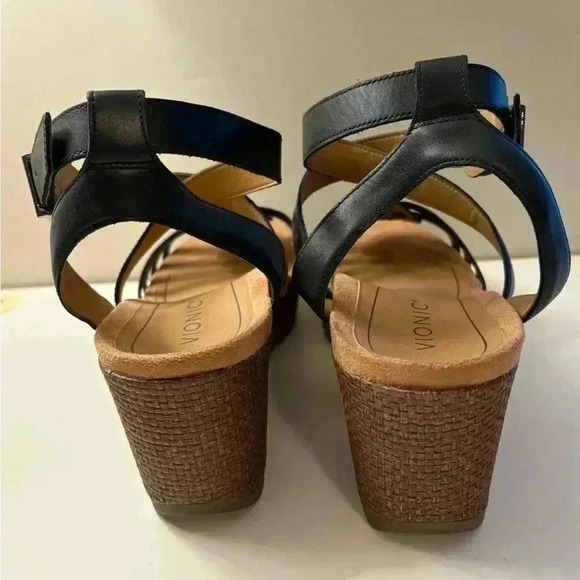 Vionic Clarisa Raffia Wedge Sandals Concealed Ortho Size 9 Black Leather - Picture 7 of 11